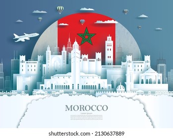 Travel landmarks Morocco city with celebration Morocco independence day in flag background, Tour africa landmark to marrakech with panorama view cityscape popular capital, Origami paper cut style.