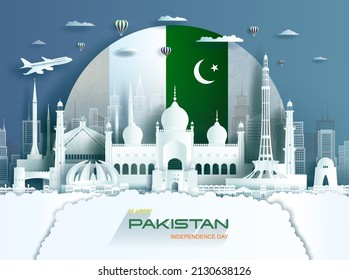 Travel landmarks Pakistan islamabad city with celebration Pakistan independence day in flag background, Tour asia landmark to Lahore with panorama view cityscape popular capital, Origami paper art.