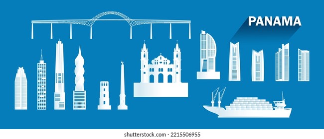 Travel landmarks Panama with isolated silhouette architecture on blue background, Panama architecture icon and symbol with tour america landmark to ship for brochure, advertisement, template.