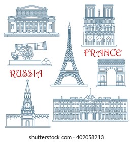 Travel landmarks of Russia and France with Eiffel Tower and Notre Dame Cathedral, Red Square and Kremlin wall, Arc de Triumph, Big Theater, Winter Palace and Big Cannon. Thin line style  icons