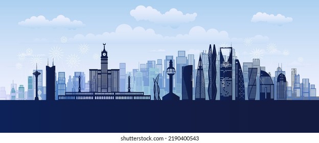 Travel landmarks Saudi arabia with silhouette architecture background, Saudi arabia Day Anniversary celebration independence and Tour Asia landmark to riyadh with panorama view popular capital.