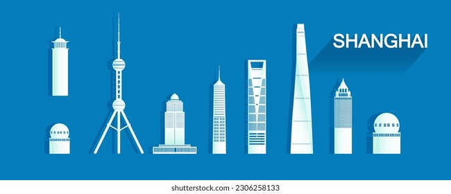 Travel landmarks Shanghai with isolated silhouette architecture on blue background. Shanghai  architecture icon and symbol with tour asia landmark to China for brochure, advertisement, template.