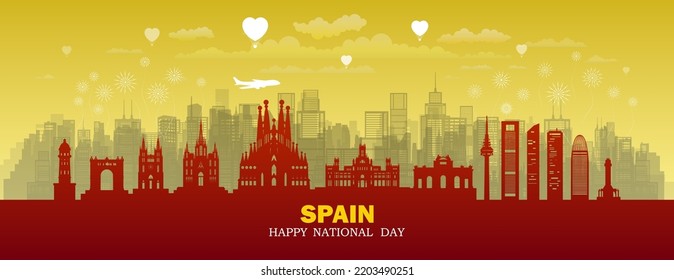 Travel landmarks Spain with silhouette architecture background, Spain republic day anniversary celebration and tour architecture landmark to barcelona with panorama view popular capital.
