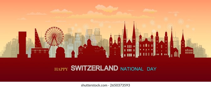 Travel landmarks Switzerland with silhouette architecture background, Switzerland Day anniversary celebration and tour Swiss landmark to Zurich with panorama view popular capital.