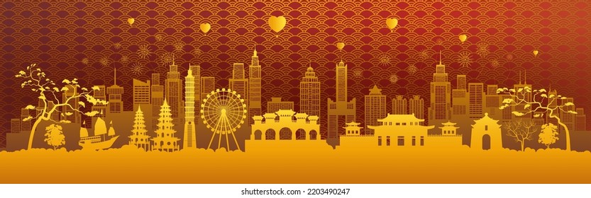 Travel landmarks Taiwan with silhouette architecture and chinese pattern background, Taiwan day anniversary celebration with golden pattern background, Taipei in asia with panorama popular capital.