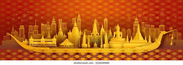 Travel landmarks Thailand traditional silhouette architecture and chinese pattern background, Thailand day anniversary celebration with golden tradition pattern background, Thailand traditional style.