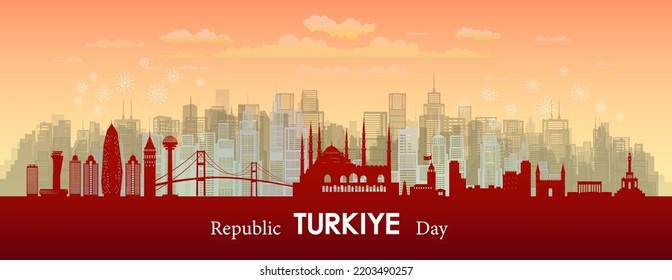 Puntos de referencia de viajes Turkiye con antecedentes de arquitectura de silueta, celebración del aniversario del Día de la República Turquiana y recorrido por Turquía monumento a estambul con vistas panorámicas a la popular capital.