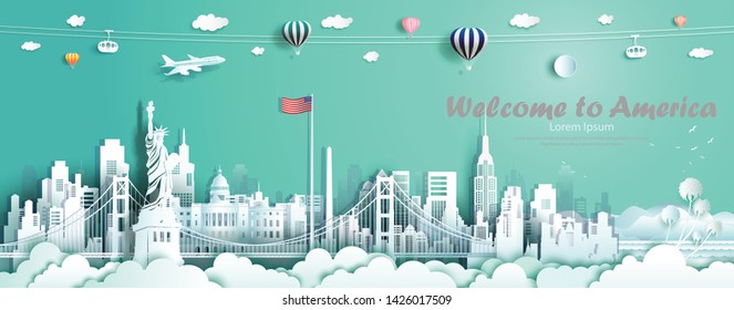 Travel Landmarks United States Of America Famous Monument Architecture Skyline, Tour Landmark To Golden Gate Bridge And Statue Of Liberty With Panorama, Traveling Architecture Sculpture World, Vector.