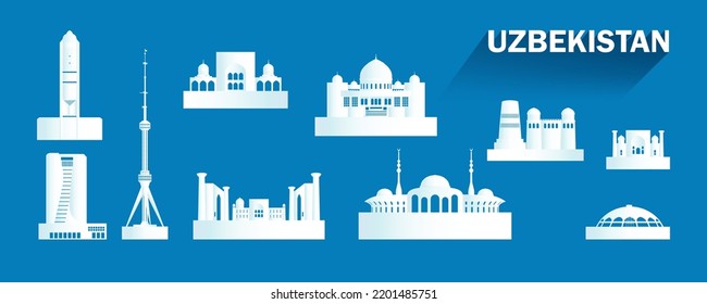 Puntos de referencia de viaje Uzbekistán con arquitectura de silueta aislada en fondo azul, icono de arquitectura de Uzbekistán y símbolo con marca de tour asia a Taskent para folleto, publicidad, plantilla.