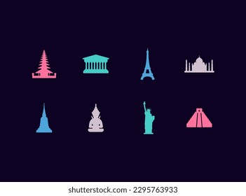 Travel landmarks vector icon set. Famous touristic architecture sights. World travel destinations icons.