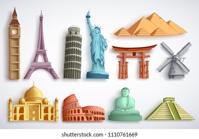 Travel landmarks vector illustration set. Famous world destinations and monuments of different city attractions for tourists and travelers in white background.
