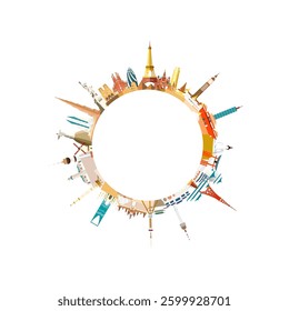 Travel landmarks world with architecture in circle background, Global continent landmark architecture monuments of the world, Tourism with circle with world map. Vector illustration flat design.