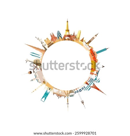 Travel landmarks world with architecture in circle background, Global continent landmark architecture monuments of the world, Tourism with circle with world map. Vector illustration flat design.