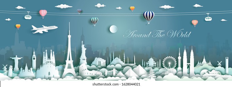 Travel landmarks world with cityscape background, Important architecture monuments of the world,Tourism with panoramic landscape paper cut style,Use for travel poster and postcard,Vector illustration.