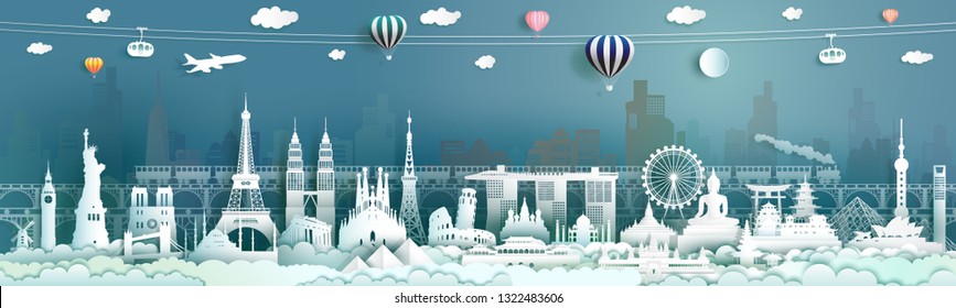 Travel landmarks world famous skyscraper architecture city business popular by balloon and cable car, Tourism panorama of USA,Europe,France,Asia,Spain,England,Russia,Turkey,Japan, Vector illustration.