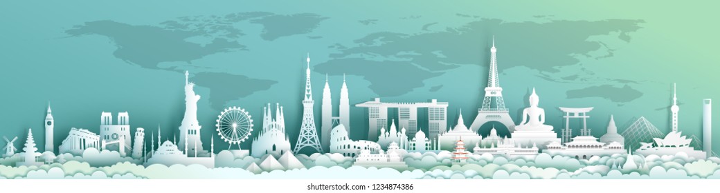 Travel landmarks world with world map background, Landmark architecture monuments of the world,Tourism with panoramic landscape paper cut style,Use for travel poster and postcard,Vector illustration.