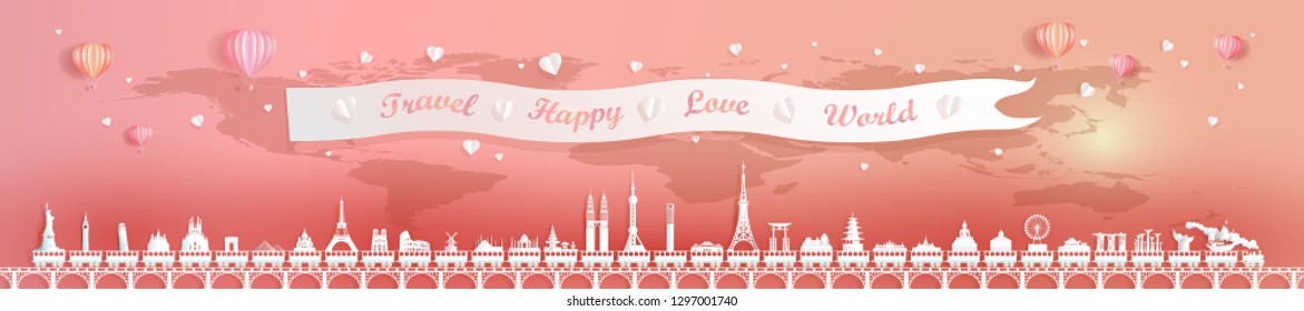 Travel landmarks of world with world map background, Landmark capital travel by train and balloon for valentine poster and postcard, Travel world panorama by origami paper style, Vector illustration.