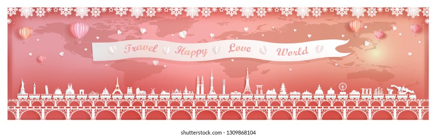 Travel landmarks of world with world map background, Landmark capital travel by train on bridge and balloon for poster and postcard, Travel world panorama by origami paper style, Vector illustration.