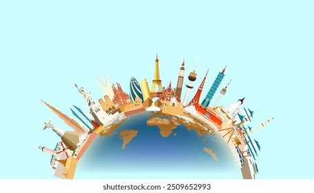 Travel landmarks world with world map background, Global continent landmark architecture monuments of the world, Tourism with panoramic landscape with world map. Vector illustration flat design.