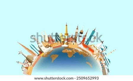 Travel landmarks world with world map background, Global continent landmark architecture monuments of the world, Tourism with panoramic landscape with world map. Vector illustration flat design.