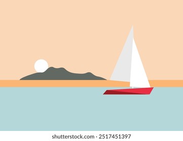 Travel Landscape of a boat in the river and sun with an island far away Clean Landscape concept flat illustration with solid colors