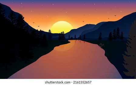 Travel landscape with a large river flowing between forested hills at sunrise, sunset. Vector illustration wild life, untouched nature. National park dusk scene, nature reserve. 