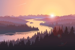 Travel Landscape With A Large River Running Among Forested Hills At Sunrise. Vector Illustration Of Beautiful Places Of Untouched Nature. Morning Scene From National Park, Natural Reserve
