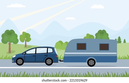Travel. Landscape with travel mobile home. Vector illustration.