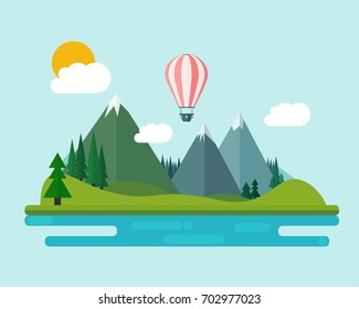 Travel landscape. Mountains with forest, air balloons. Flat style vector illustration.