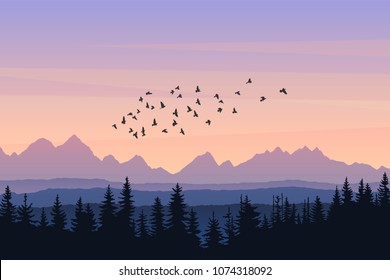 Travel landscape with silhouettes of mountains, forest, flying birds at sunrise. Vector illustration beautiful place of untouched nature. Scene from national park, natural reserve, wildlife sanctuary