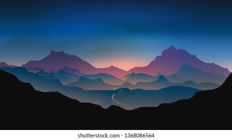 Travel landscape with silhouettes of mountains and at sunrise/sunset. Vector illustration