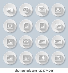 Travel Landscapes Icons with different photo shot ilustrations of man with camera and varius landscapes with flower,sun,moon,palm,stars and mountains