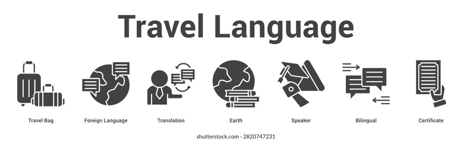 Travel Language web banner icon set vector illustration concept for business with icon of Travel Bag, Foreign Language, Translation, Earth, Speak.