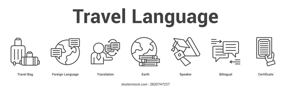 Travel Language web banner icon set vector illustration concept for business with icon of Travel Bag, Foreign Language, Translation, Earth, Speak.