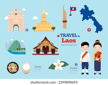 Travel Laos flat icons set. Laos element icon map and landmarks symbols and objects collection. Vector Illustration