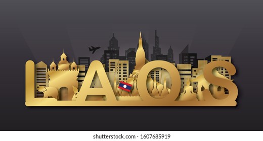 Travel Laos panorama postcard, poster, tour advertising of world famous landmarks in paper cut style. Vectors illustrations