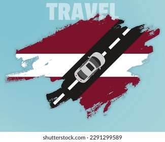 Travel to Latvia by car, going holiday idea, vacation and travel banner concept, car on the road with Latvia flag, international car travel, automobile going on a way, top view