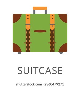Travel leather wheeled suitcase isolated on white. Colored flat vector icon of luggage for train or airplane. Travelling and tourism concept