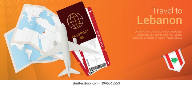 Travel to Lebanon pop-under banner. Trip banner with passport, tickets, airplane, boarding pass, map and flag of Lebanon. Vector template.