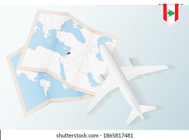 Travel to Lebanon, top view airplane with map and flag of Lebanon. Travel and tourism banner design.