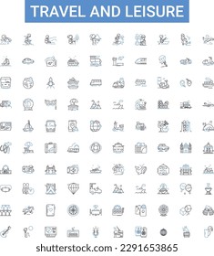 Travel and leisure outline icons collection. Vacation, Tour, Adventure, Sightseeing, Explore, Holiday, Recreation vector illustration set. Exploring, Cruise, Bike line signs