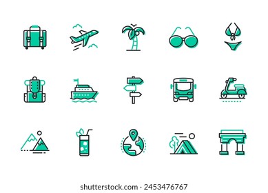 Travel and leisure - set of line design style icons isolated on white background. Quality images of suitcase, airplane, palm tree, sunglasses, swimsuit, cruise ship, camping, mountains and transport