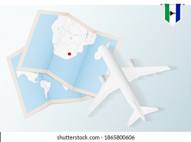 Travel to Lesotho, top view airplane with map and flag of Lesotho. Travel and tourism banner design.