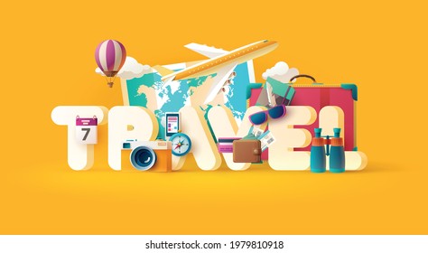 Diseño de letras de viaje. Afiche tipográfico 3D con inscripción e iconos. Ilustración vectorial de vacaciones. 