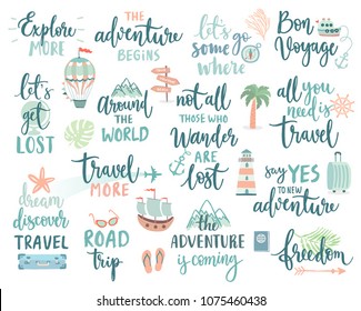 Travel Lettering Design Set - collection of motivation handwritings, trip, journey and adventure themes Vector illustration.