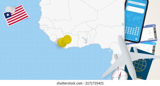 Travel to Liberia concept, map with pin on map of Liberia. Vacation preparation map, flag, passport and tickets. Vector illustration in flat design.