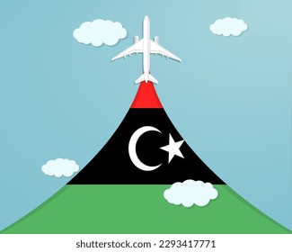 Travel to Libya by flight, destination concept, vacation in Libya, plane vector design, paper cut effect with blue sky and airplane, summer trip idea, country tourism banner