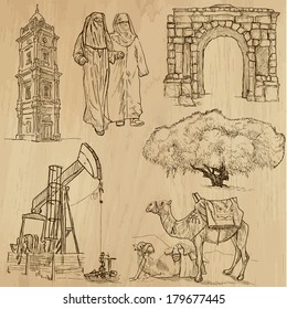 Travel : LIBYA set no.2. Collection of hand drawn illustrations. Each drawing comprises two or three layers of outlines, the colored background is isolated.