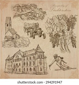 Travel, LIECHTENSTEIN. Collection of an hand drawn vector illustrations. Freehand sketching. Colored background  is isolated. Easy Editable. This series with focus on: Vaduz, Agriculture and Sport.