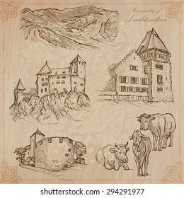 Travel, LIECHTENSTEIN. Collection of an hand drawn vector illustrations. Freehand sketching. Background and text are isolated. Easy Editable. This series with focus on, Architecture and nature.